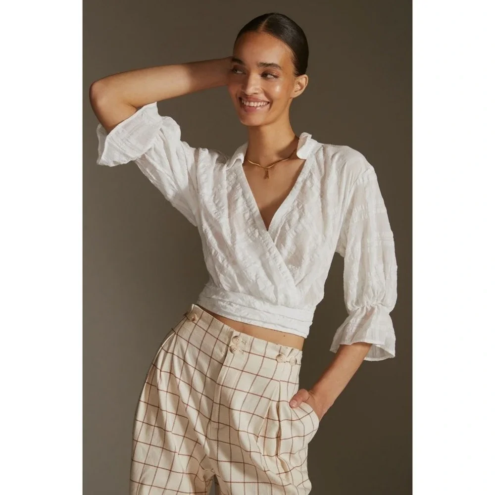Anthropologie White Gauze Wrap Top Sz S 3/4 Puff Sleeve Collared Light Romantic